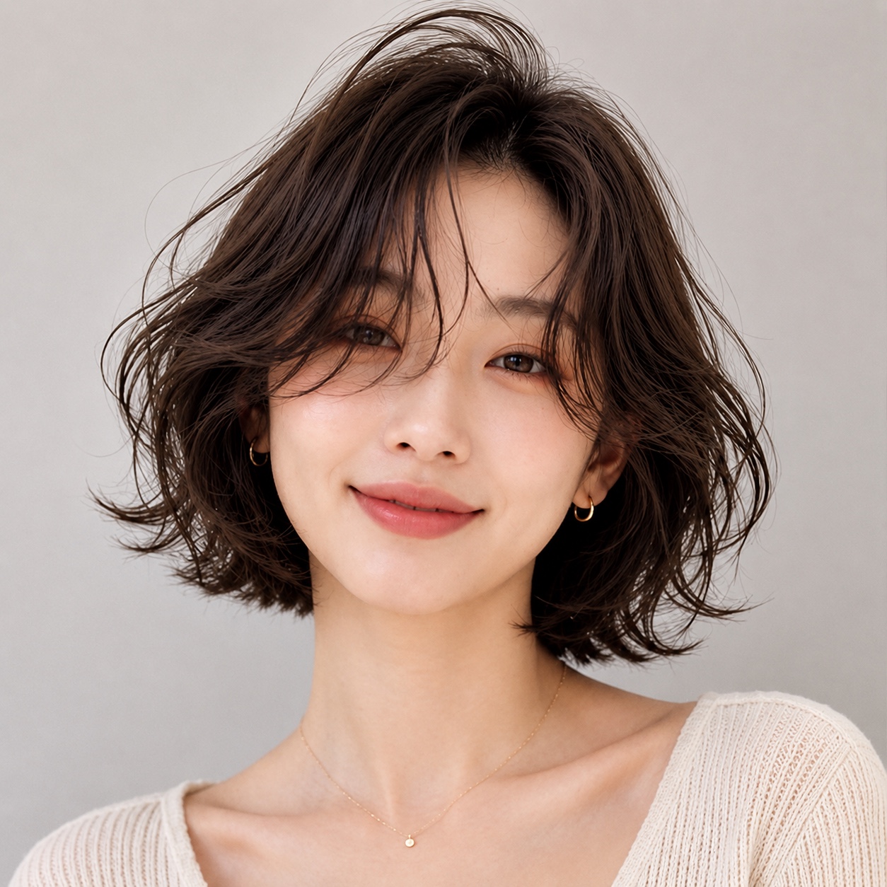 얼굴선을 부드럽게 감싸는 내추럴 웨이브 단발 헤어 디자인